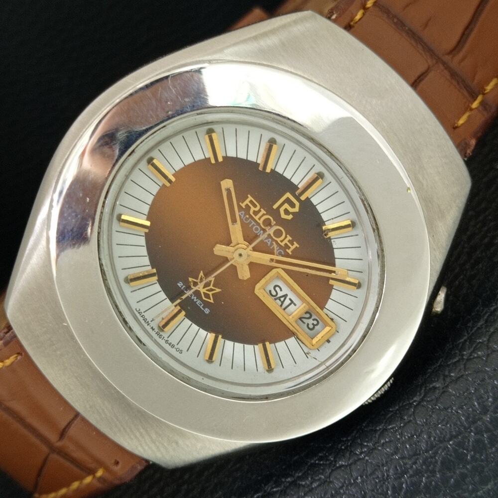Vintage 1971 Ricoh Automatic Mens Silver Watch W/daydate & Brown accents